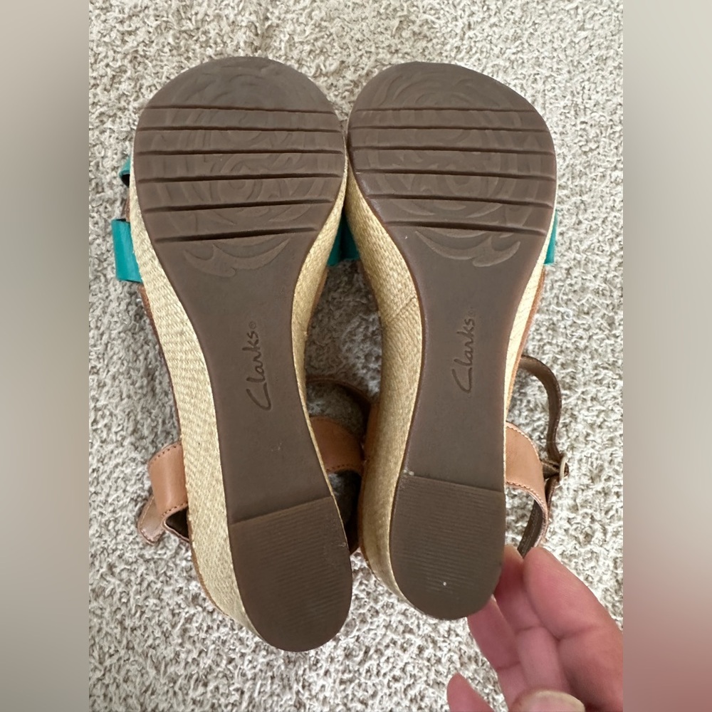 Clarks Artisan boho Teal Blue Leather Strappy Wedge Sandals 9M EUC - Picture 6 of 10